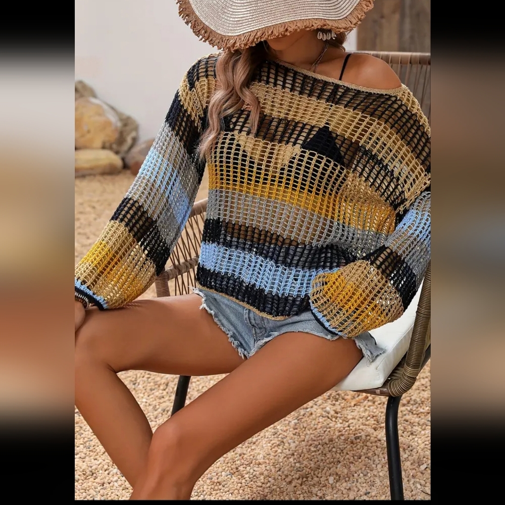 New Color Block Crew Neck Pullover Sweater, Elegant Long Sleeve Cut Out Knitted